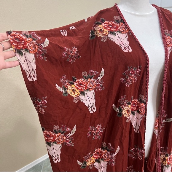 Angie Cardigan Womens L Brick Bull Skull Floral Kimono Western Cowgirl Boho EUC - Picture 3 of 7